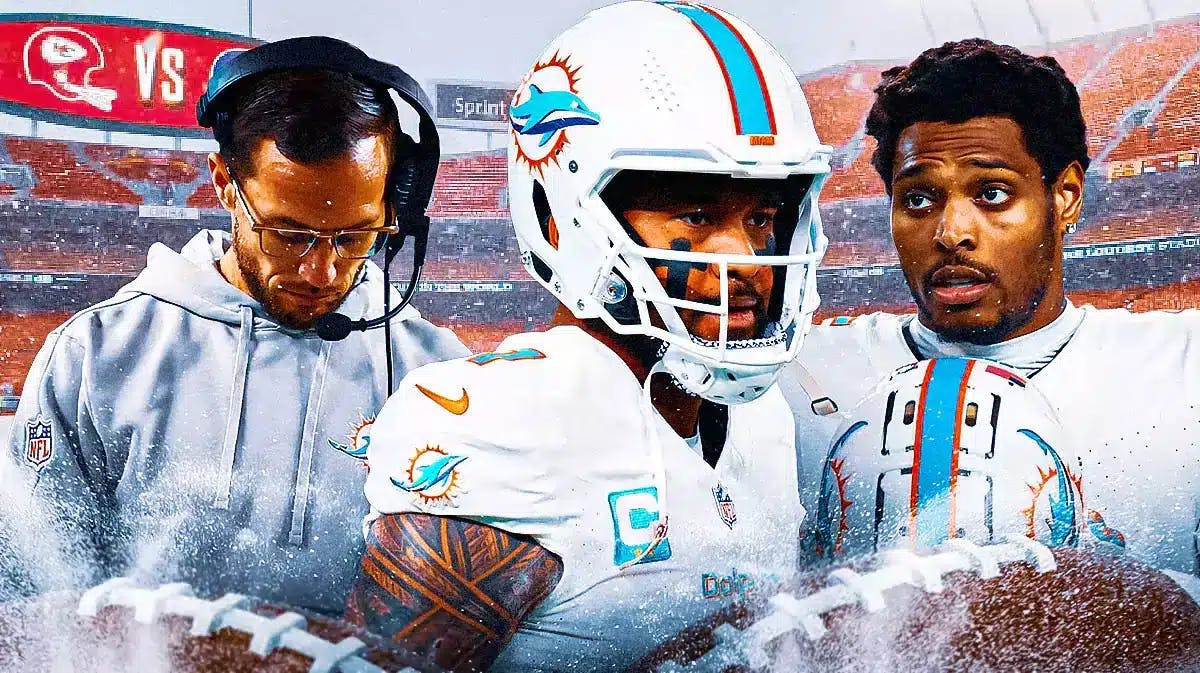 Miami Dolphins stars Tua Tagovailoa, Jalen Ramsey, and head coach Mike McDaniel in front of an icy Arrowhead Stadium.