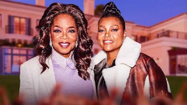 Oprah Winfrey and Taraji P. Henson smiling with a home behind them