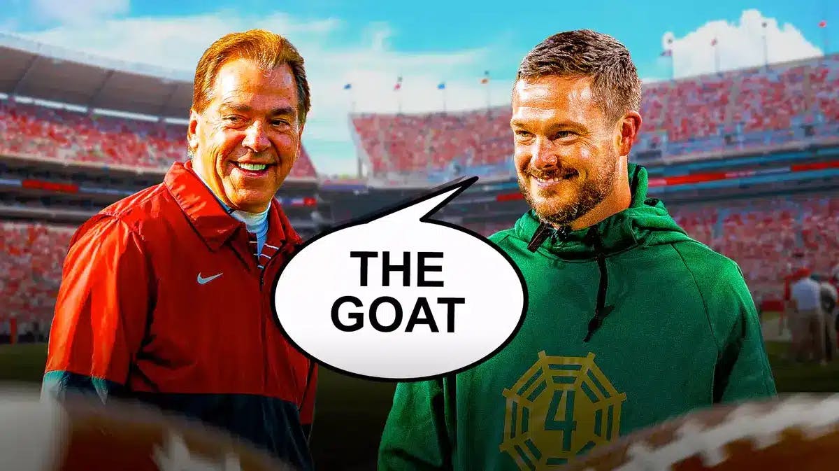 Oregon football coach Dan Lanning and speech bubble “The GOAT” and image of Alabama football coach Nick Saban.
