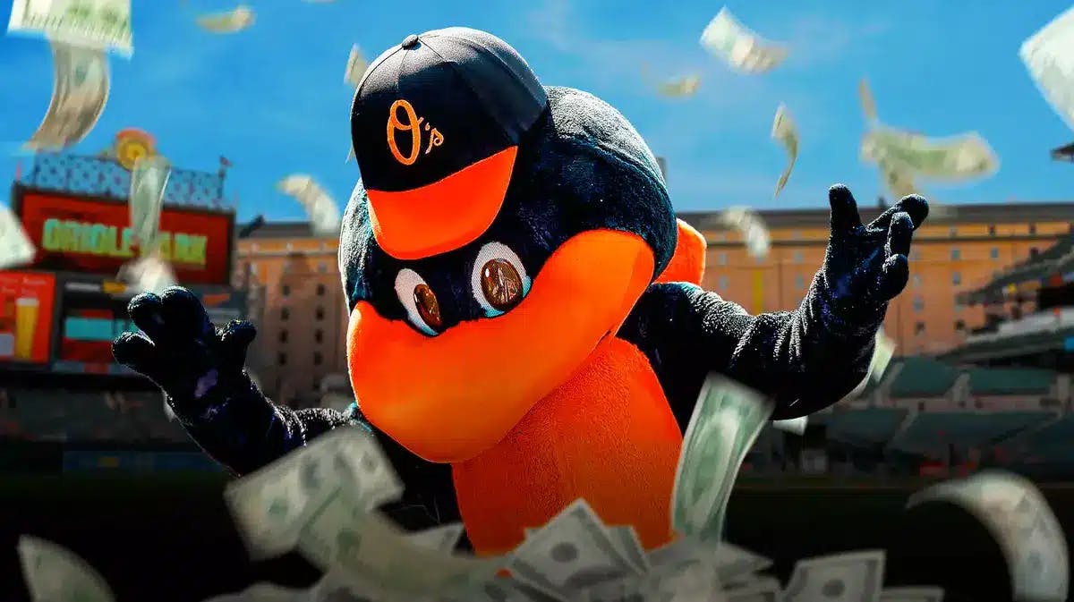 Baltimore orioles mascot with money raining in the background