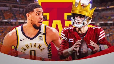 Pacers Tyrese Haliburton and 49ers Brock Purdy with Iowa State logo
