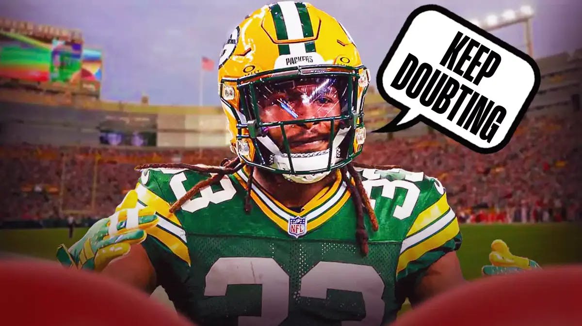 Green Bay Packers' Aaron Jones and speech bubble “Keep Doubting”
