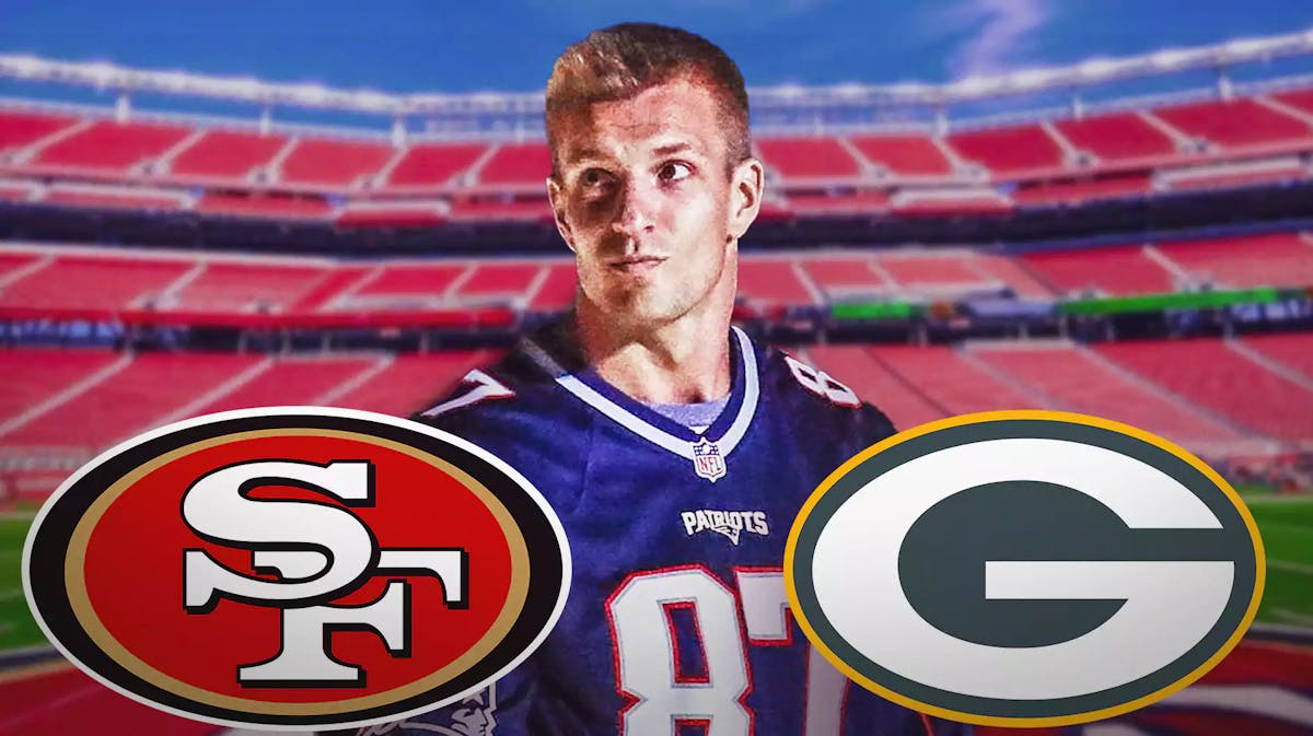 Packers, 49ers, Rob Gronkowski, Packers 49ers, NFL playoffs, Rob Gronkowski with 49ers and Packers logos, 49ers stadium in the background