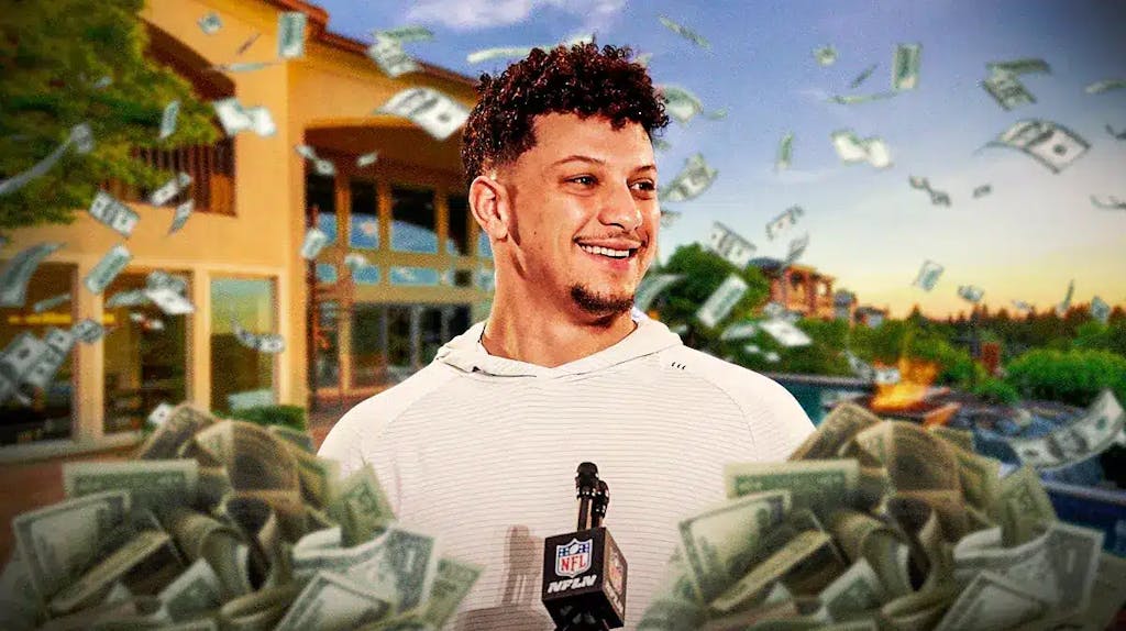 Patrick Mahomes surrounded by piles of cash.