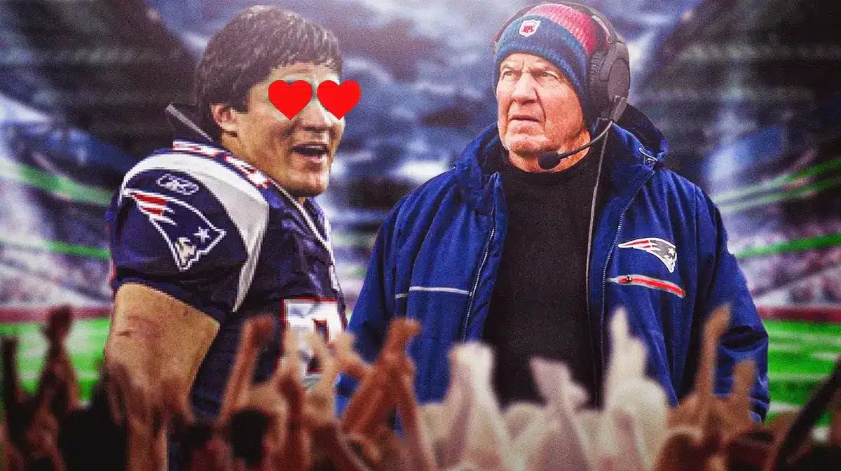 Tedy Brushi with heart eyes looking at Bill Belichick