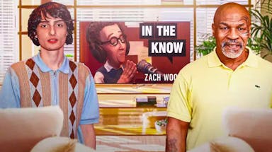 Finn Wolfhard and Mike Tyson with TV with Peacock In the Know series poster.