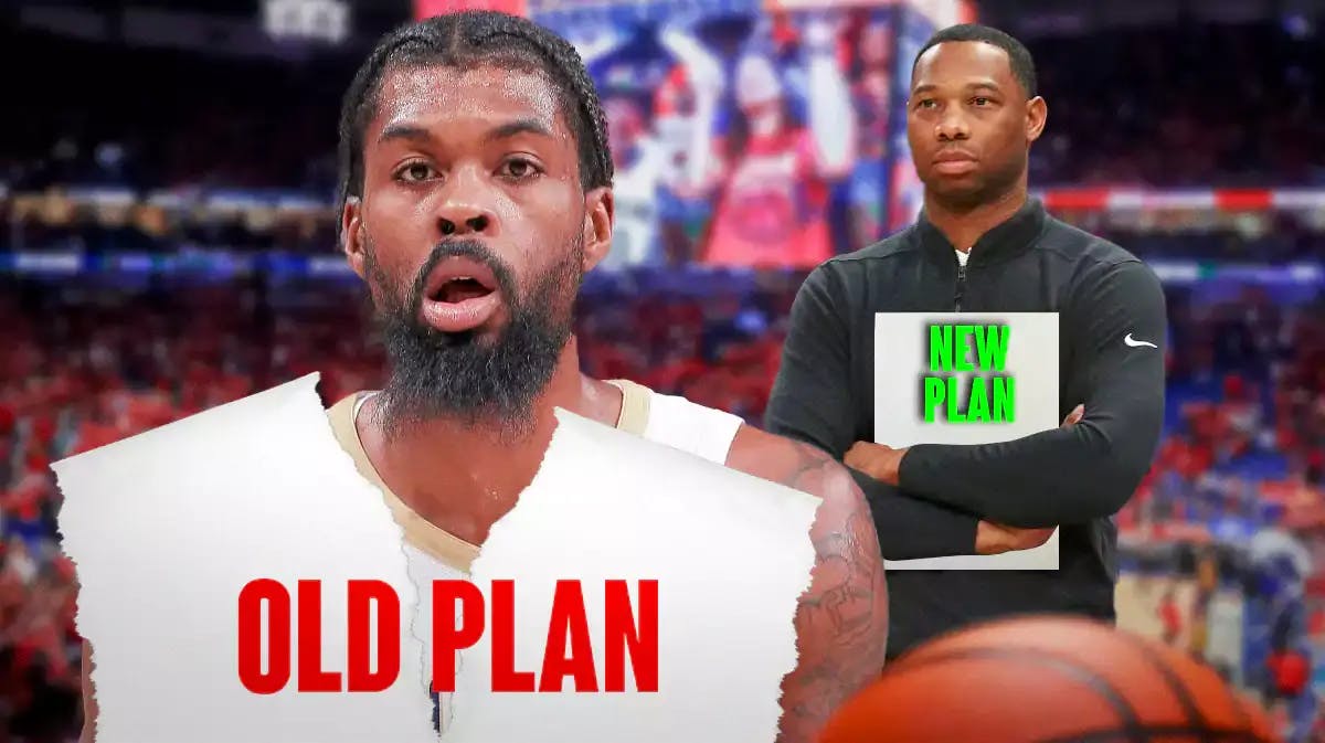 Pelicans' Naji Marshall with a knife cutting up the “old plan” with a Willie Green holding a ‘new plan’ with a stamp of approval.
