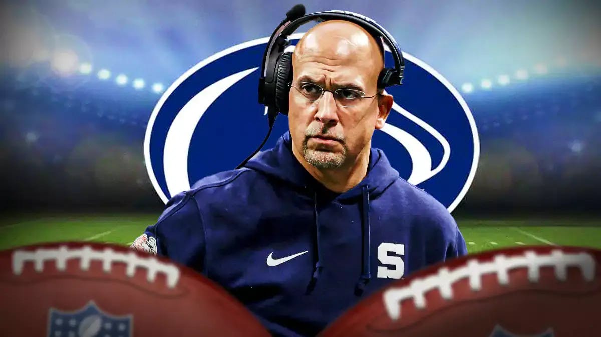 Photo: James Franklin in Penn State gear with Penn State logo behind him