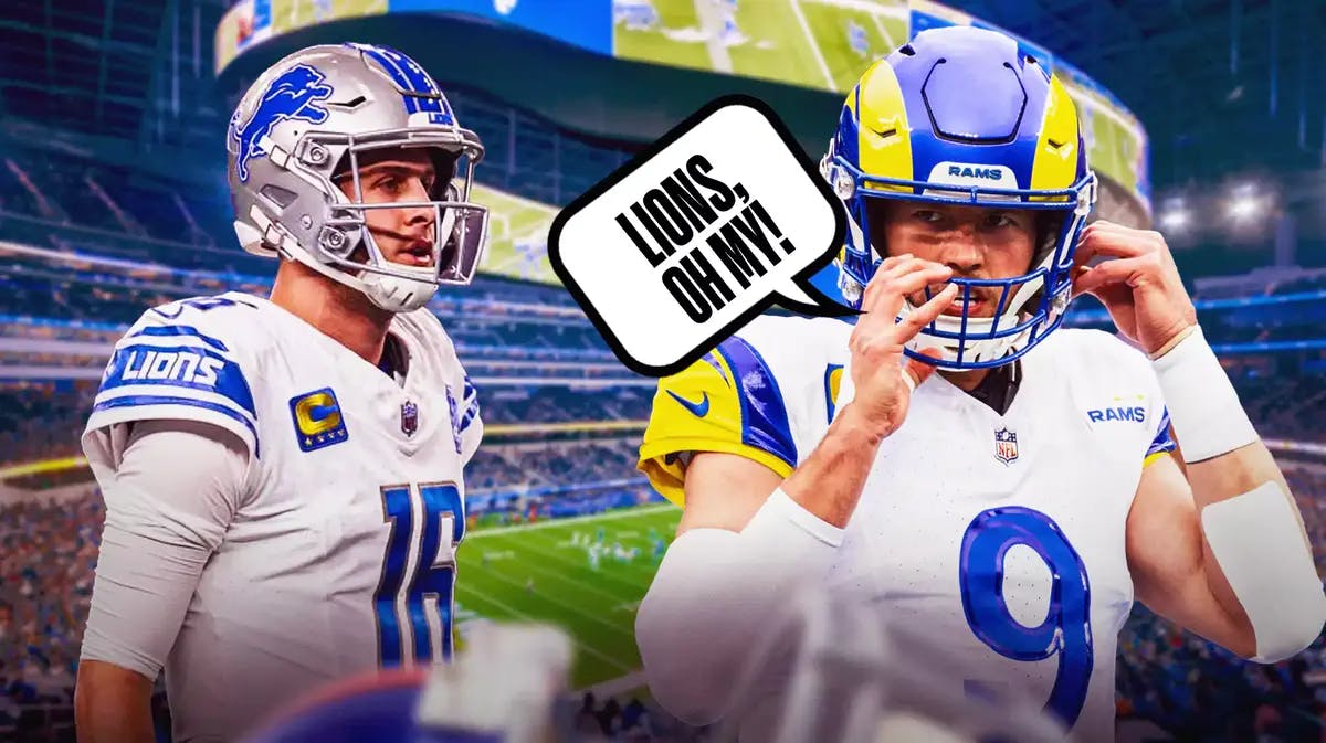 Los Angeles Rams' Matthew Stafford and speech bubble “Lions, Oh My!” and image of Detroit Lions' Jared Goff next to Stafford.