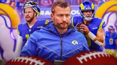 Rams coach Sean McVay looking at Carson Wentz in Rams uniform and Matthew Stafford in Rams uniform on other side