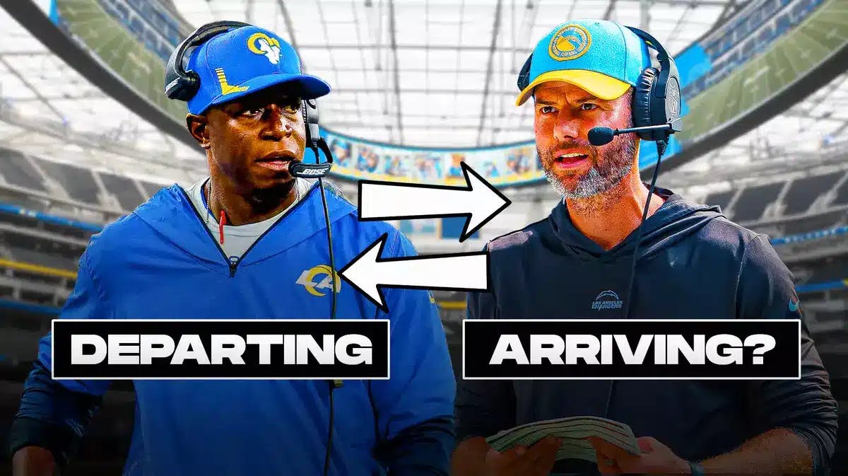 Raheem Morris (left) in LA Rams gear and a “Departing” text graphic under his image and an arrow pointing left, and then an image of Brandon Staley (right) in LA Chargers gear and text graphic “Arriving?” and an arrow pointing to the right. To signify one is leaving the team and the other might be coming back. And LA Rams background too please.