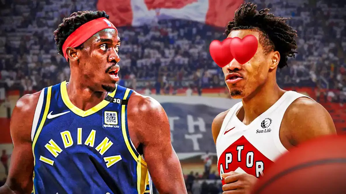 Raptors Scottie Barnes with hearts in his eyes looking at recently traded Pacers Pascal Siakam. Background is Scotiabank Arena