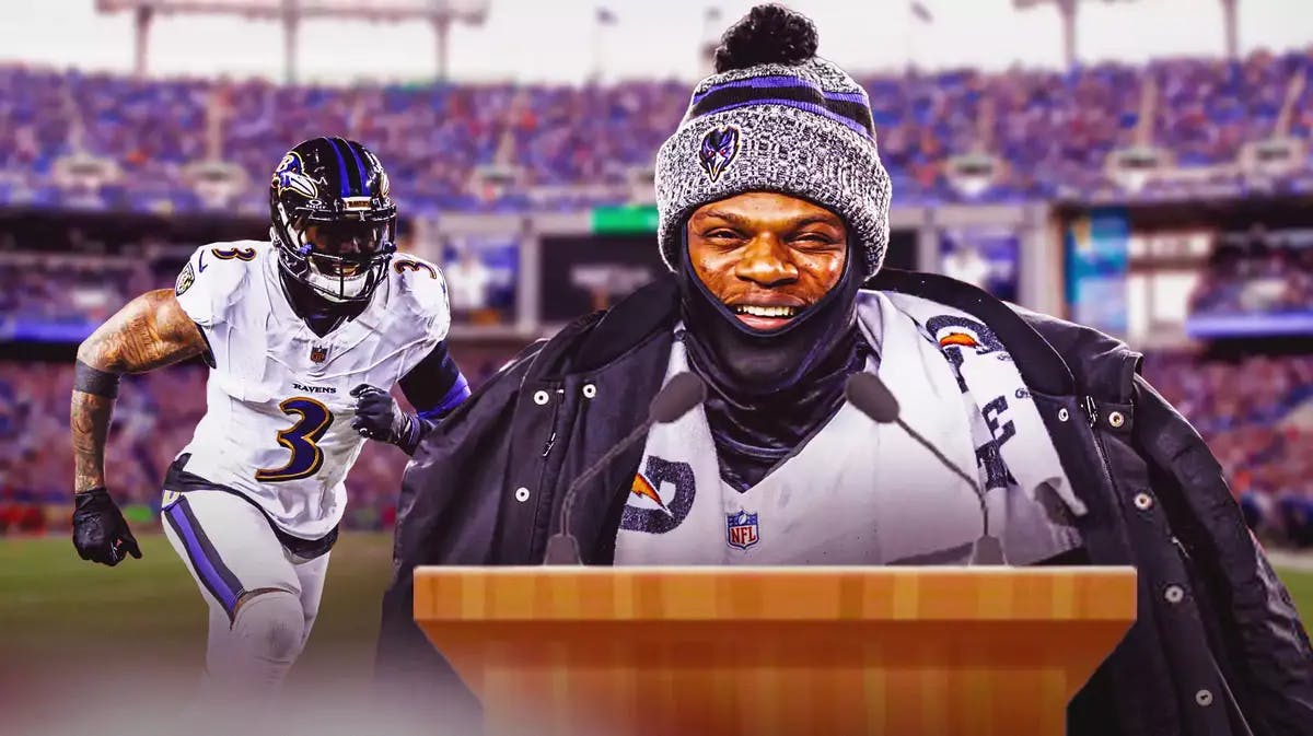 Ravens qb Lamar Jackson gives interview while Odell Beckham comes running in