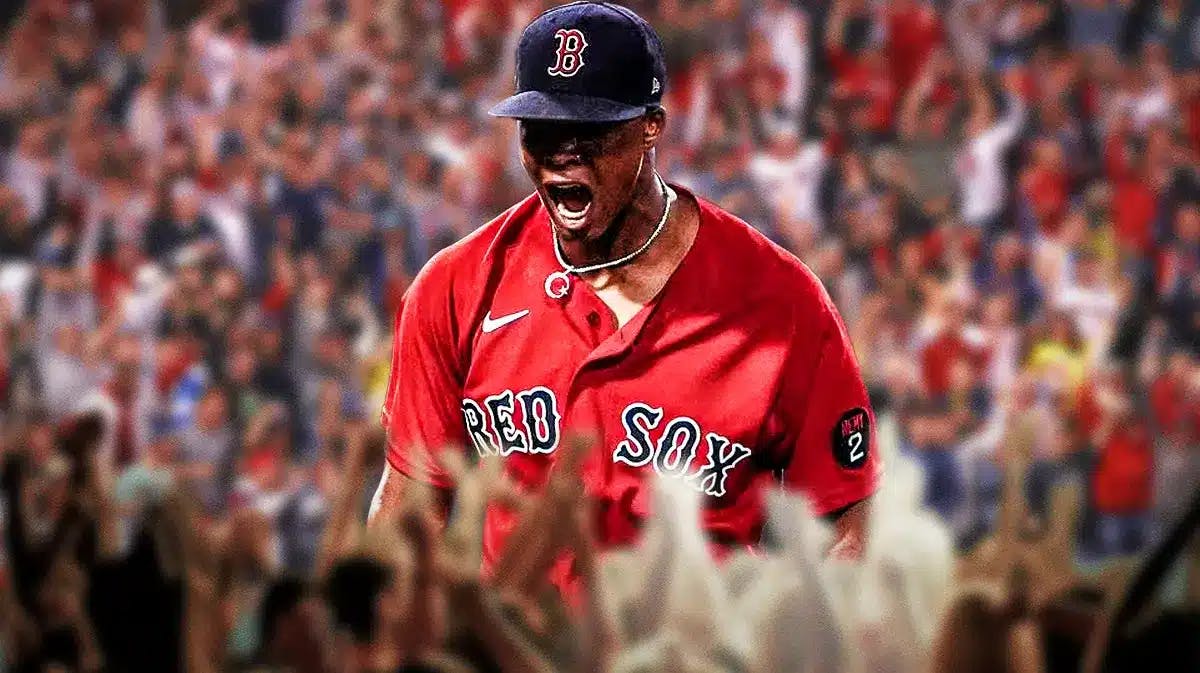 Red Sox pitcher Brayan Bello with fans around him screaming.