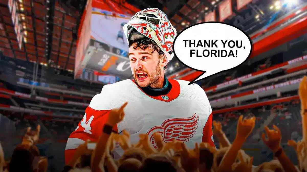 Red Wings goalie Alex Lyon reacting to a tribute from the Florida Panthers.