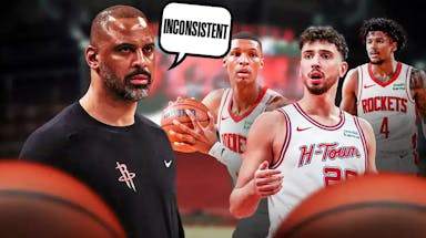 Rockets Coach Ime Udoka visibly upset at his players performances with a chat bubble above him saying “inconsistent”. Alperen Sengun, Jabari Smith, and Jalen Green stagger behind him.