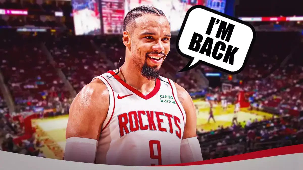 Dillon Brooks in a rockets uniform with a eager smile. a chat bubble on the side of his head says “I’m Back"