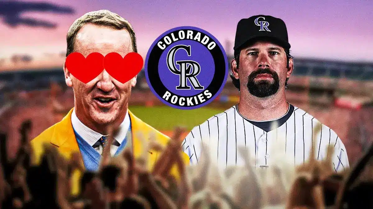Peyton Manning with hearts in his eyes looking at Rockies legend Todd Helton. Background is Coors Field