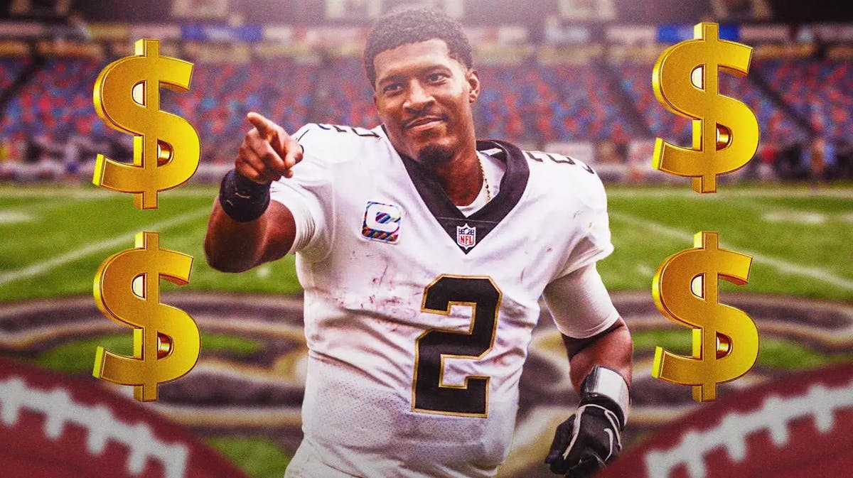 Saints quarterback Jameis Winston with a finger pointed.