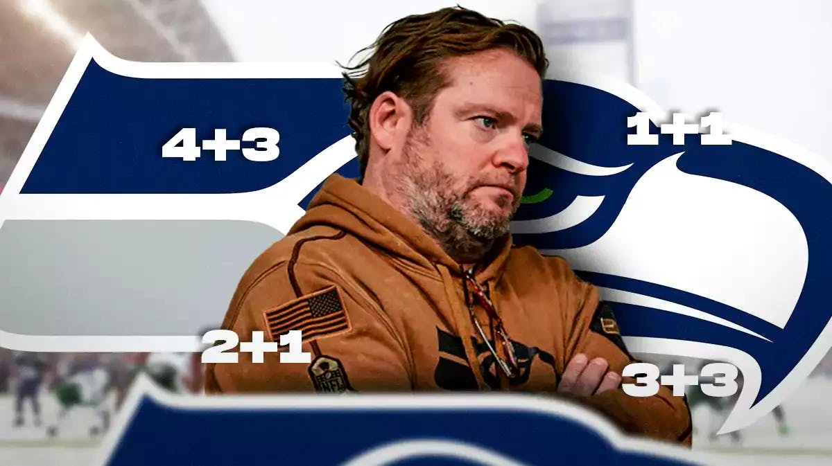 Photo: John Schneider with Sehawks gear, Seahawks logo behind him and numbers surrounding him like adding on a calculator