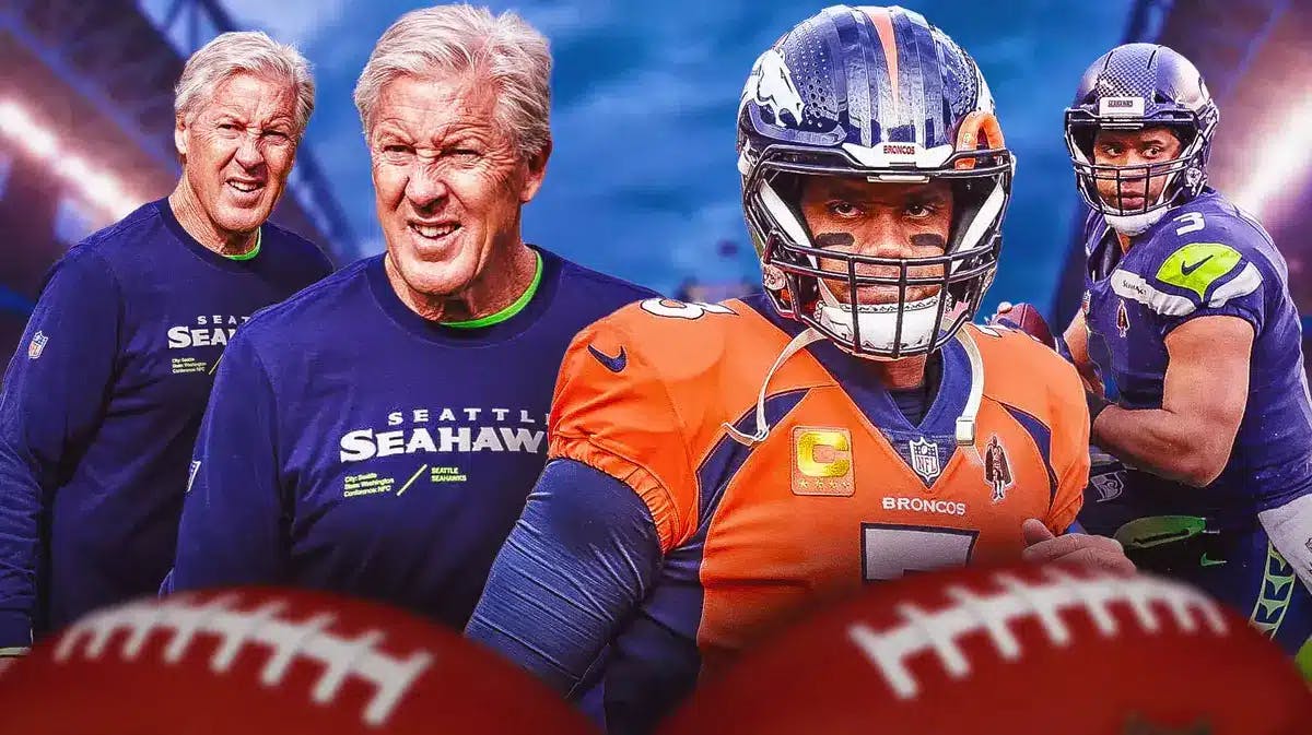 Broncos' Russell Wilson and Seahawks' Pete Carroll in front. In background, need an image of Russell Wilson and Seahawks' Pete Carroll together while they were together on the Seahawks.