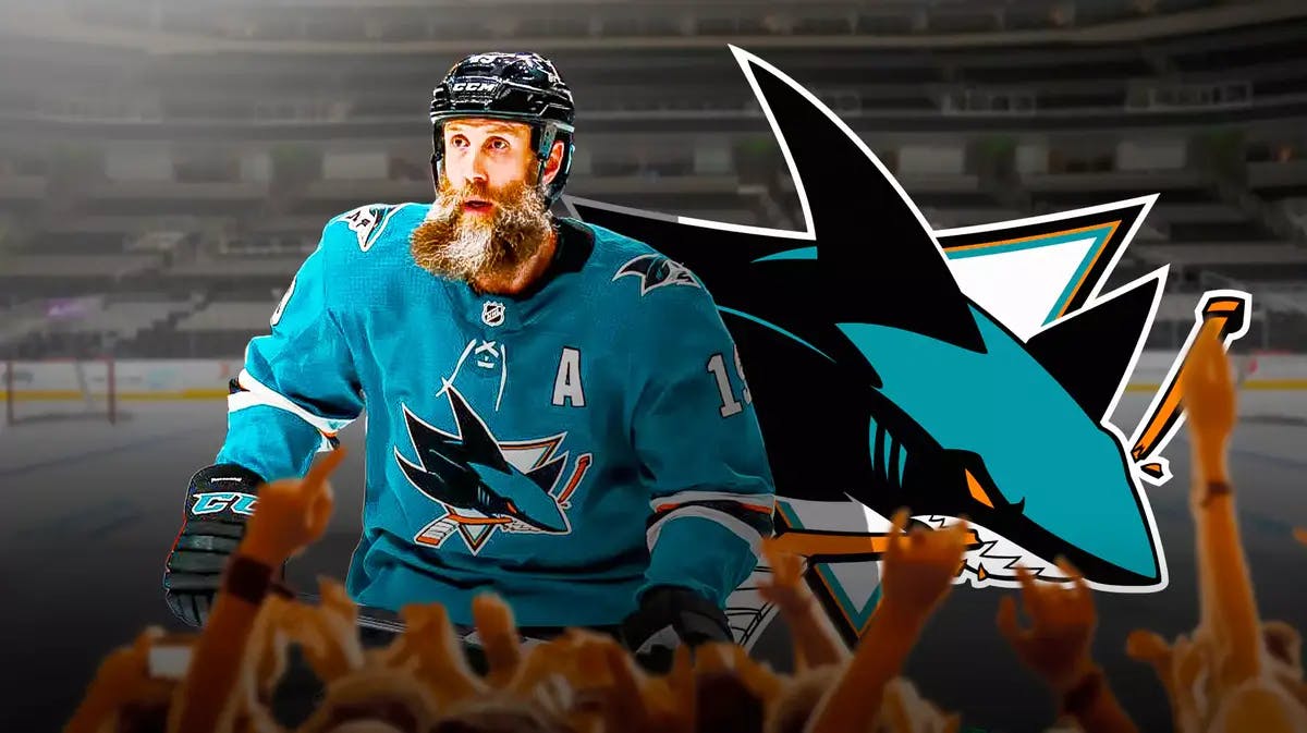Sharks logo, Joe Thornton in Sharks jersey, Pacific Division mention, Western Conference mention