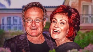 Sharon Osbourne and Robin Williams with a mansion behind them