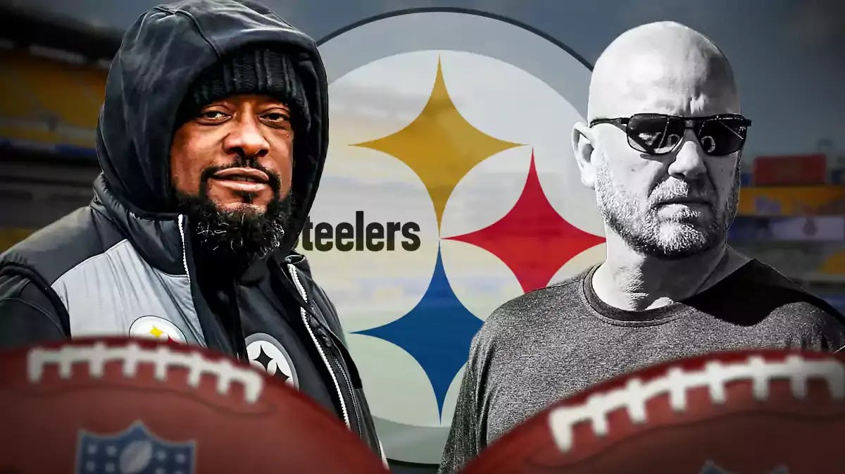 Steelers head coach Mike Tomlin smiling next to former OC Matt Canada who is in black and white