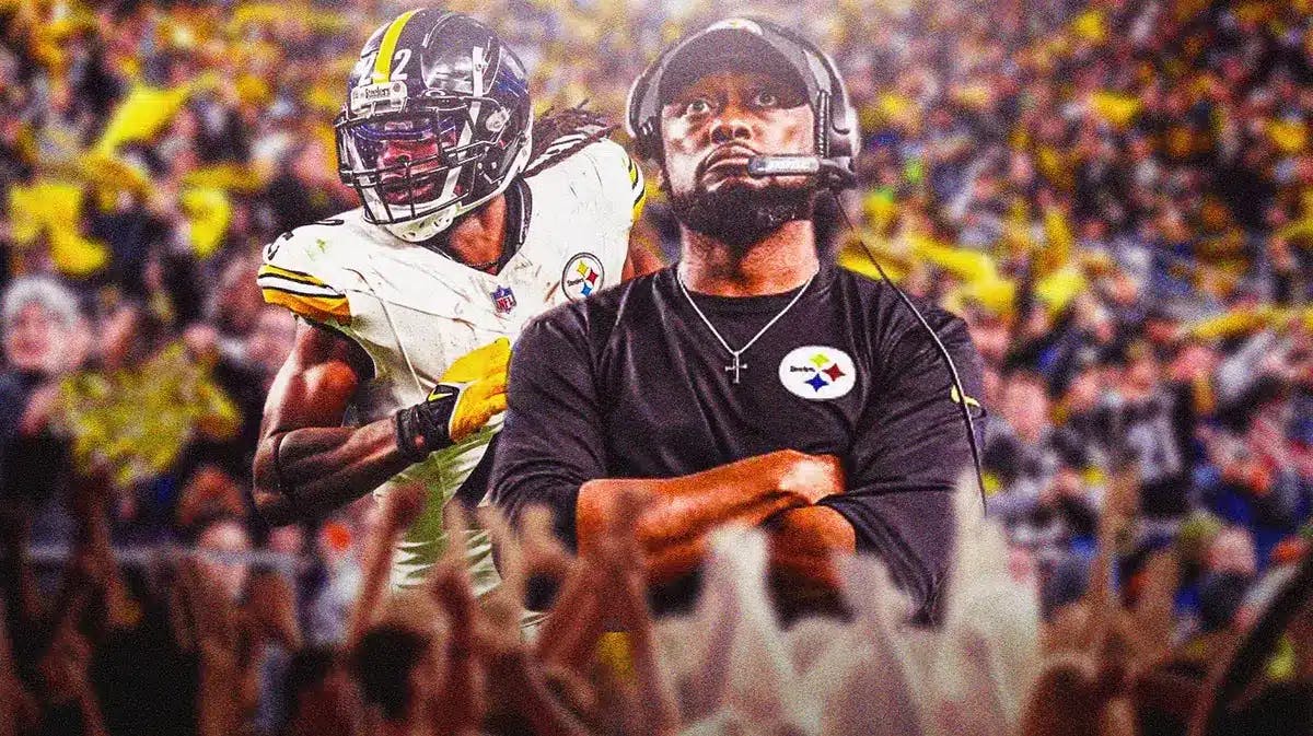 Photo: Najee Harris in Steelers uniform and Mike Tomlin in Steelers gear with fans in the background