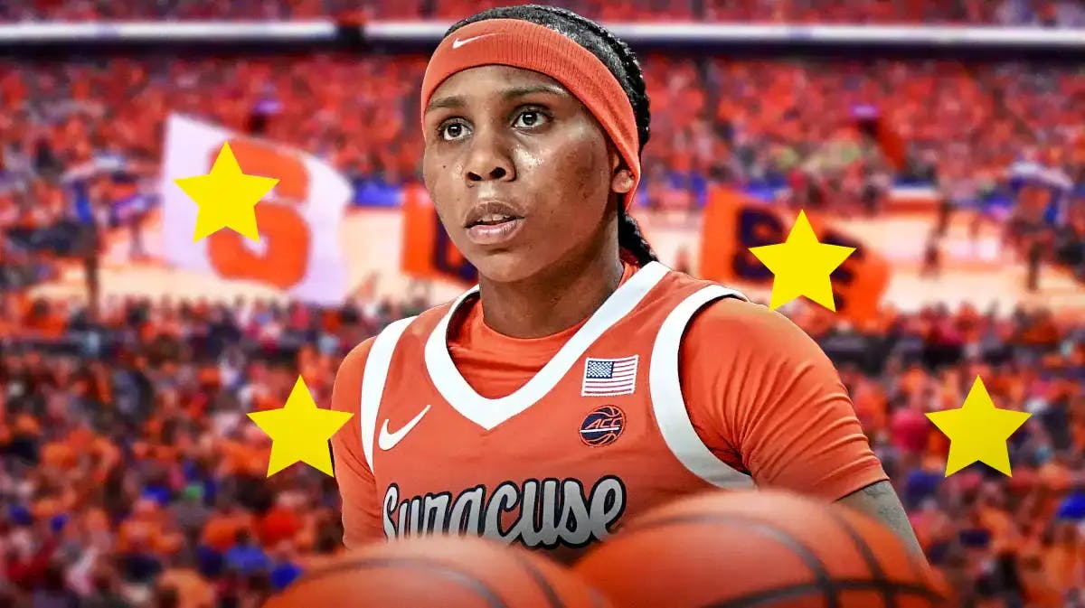 Syracuse women’s basketball player Dyaisha Fair in her basketball uniform with stars around her