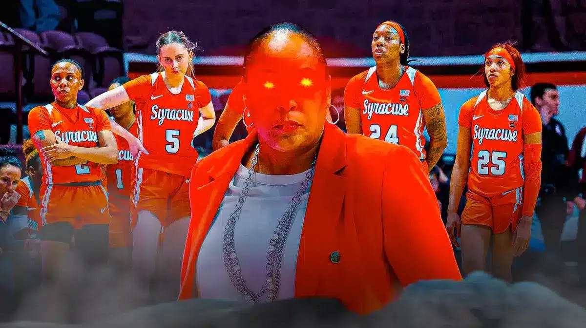players from the Syracuse women’s basketball team looking exciting, with the Syracuse coach, Felisha Legette-Jack, in the center with red laser eyes