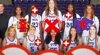 Players from the Texas Christian University women’s basketball team surrounded by the medical cross symbol. On either side of the TCU players, put the Kansas State University and Iowa State University logos. Put a red circle with an X through it over both the Kansas State logo and the Iowa State logo