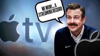 Ted Lasso, and the Apple TV+ logo. Lasso has a speech bubble “We won!… a streaming record”
