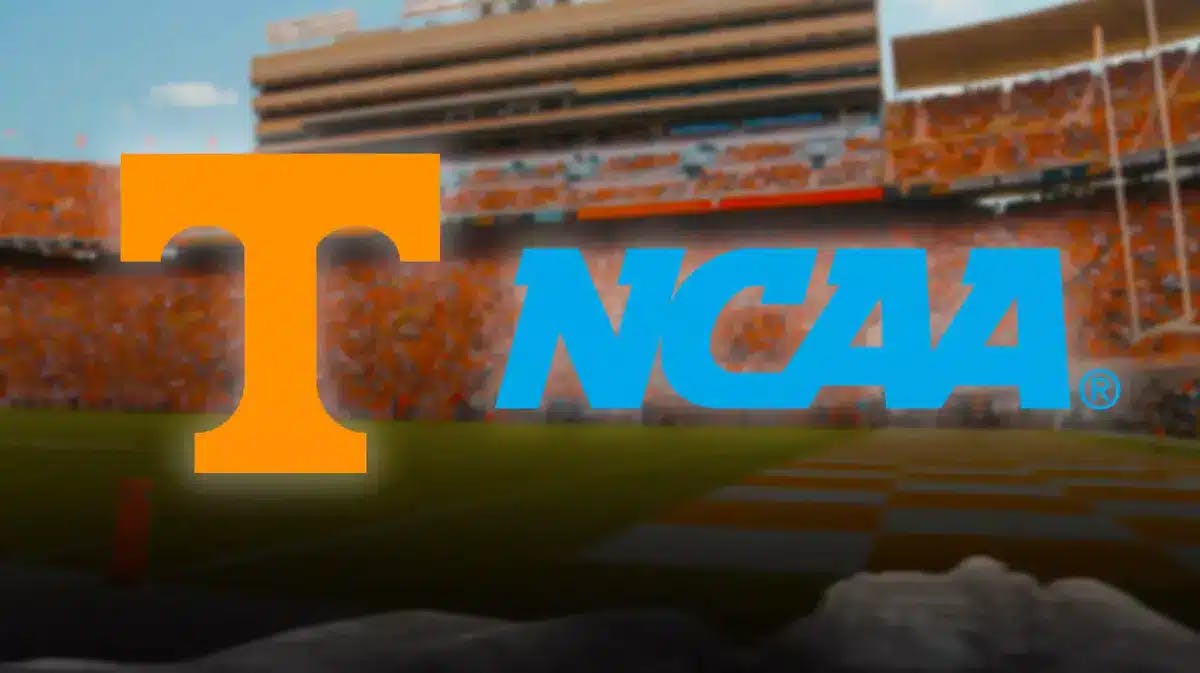 Tennessee logo sits next to the NCAA logo, Donde Plowman and Charlie Bakers discuss NIL issues out of frame