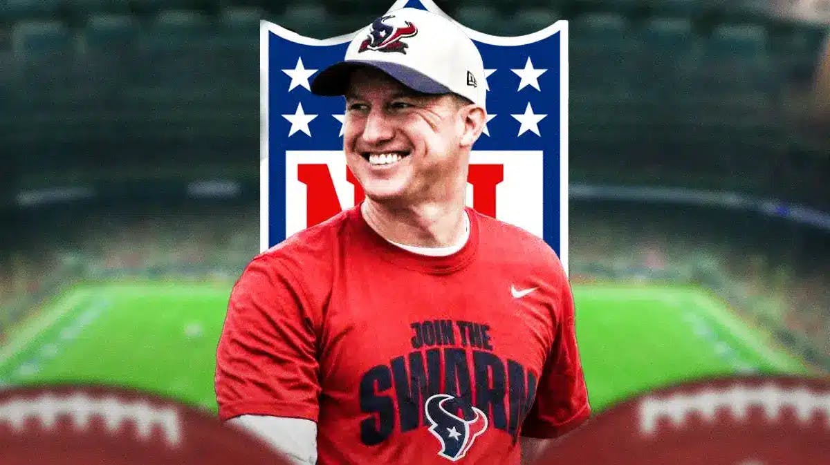 Photo: Bobby Slowik in Texans gear with NFL logo behind him