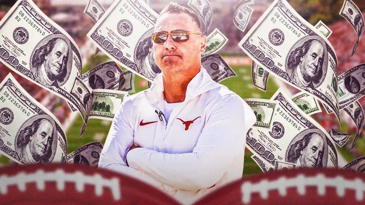 Texas football coach Steve Sarkisian with cash flying all around