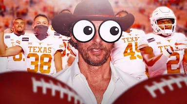 Texas football fan Matthew McConaughey with huge eyes watching players.
