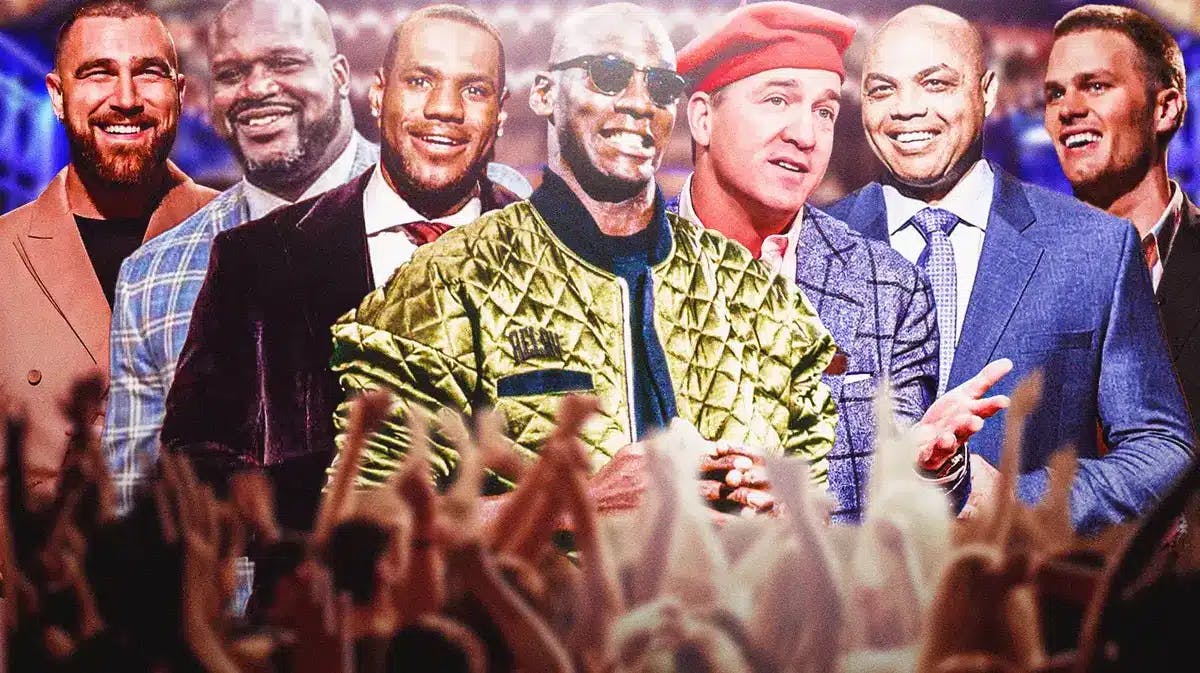 A collage of images of these stars from when they hosted SNL (Michael Jordan, Shaq, Peyton Manning, Travis Kelce, Charles Barkley, LeBron James, Tom Brady)
