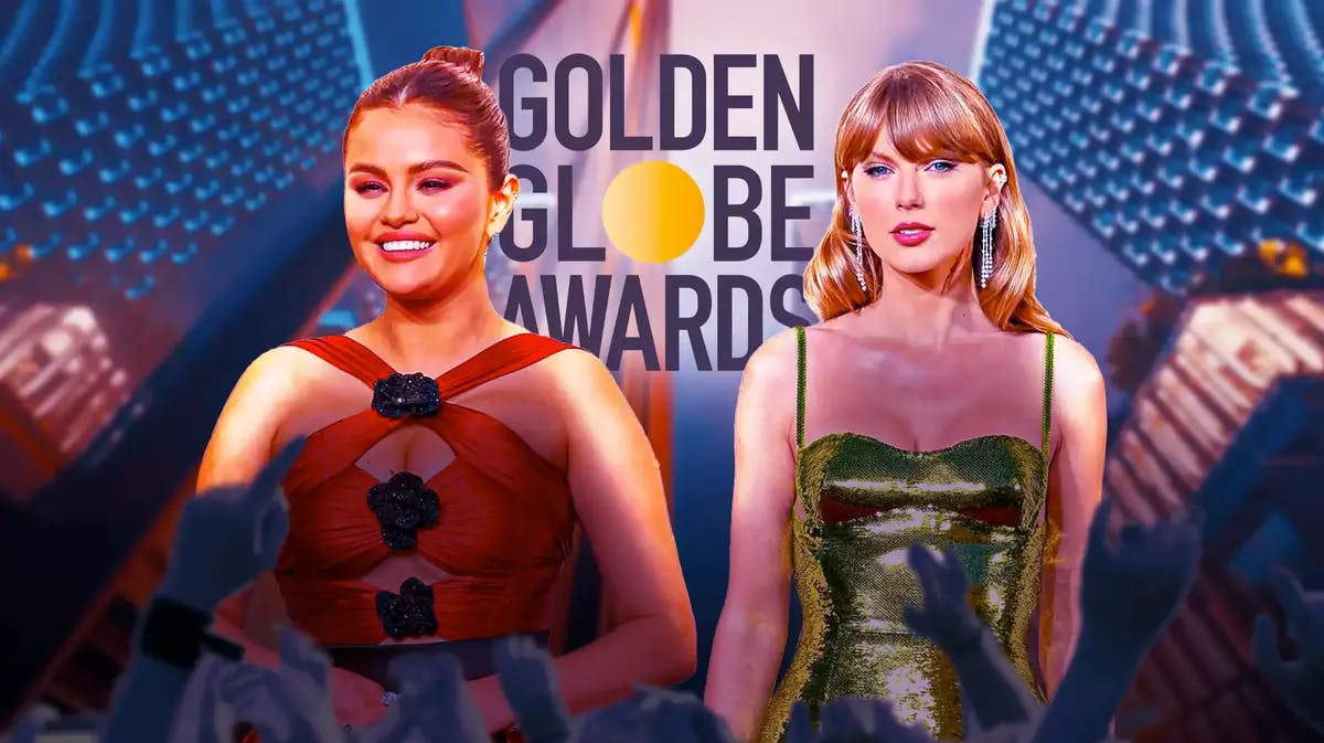 Selena Gomez, Taylor Swift with Golden Globes logo in the back