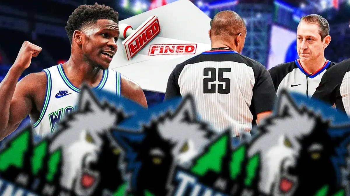 Timberwolves star Anthony Edwards looking at NBA officials and then have a FINED paper in background