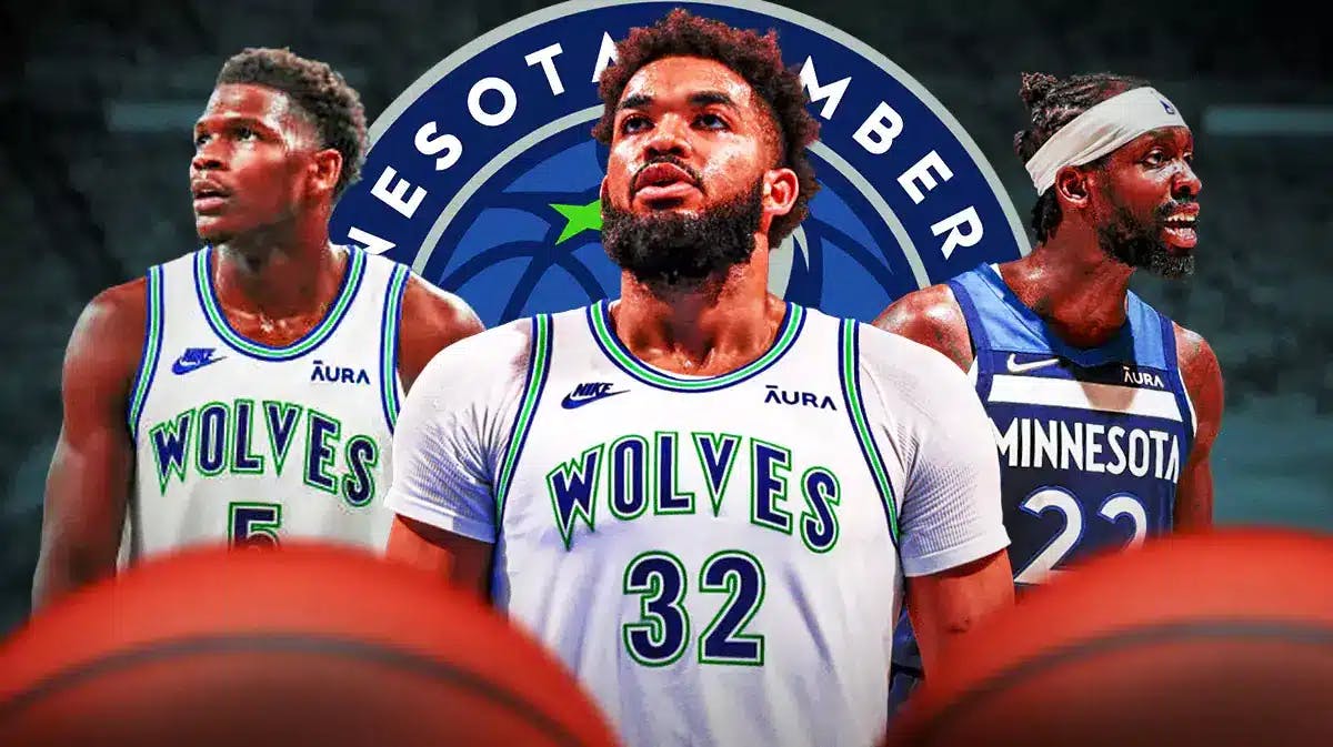 Timberwolves' Karl-Anthony Towns stands next to Anthony Edwards and Patrick Beverly, Thunder players stand on the court in the background