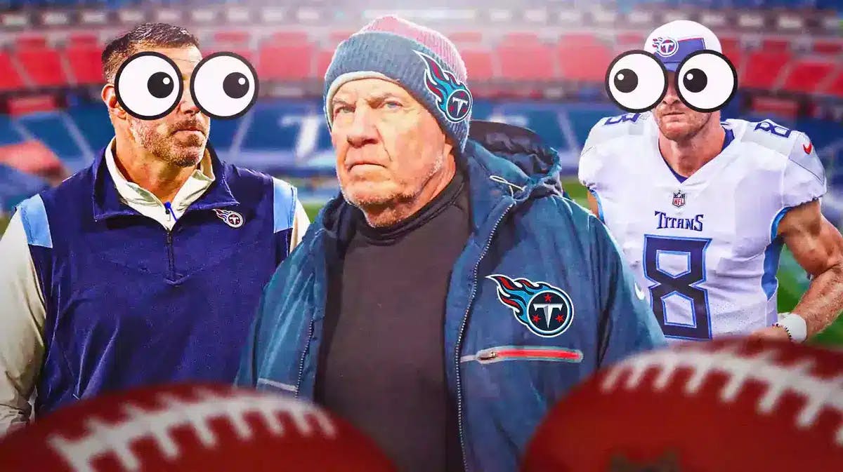 Bill Belichick as Titans head coach with Mike Vrabel and Will Levis looking at him