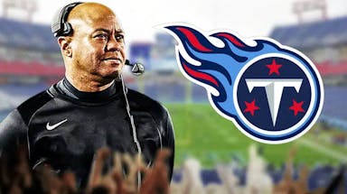 David Shaw next to the Tennessee Titans logo