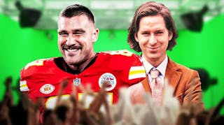 Kansas City Chiefs tight end Travis Kelce and Wes Anderson with film set background.