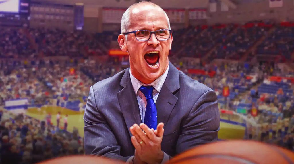UConn basketball coach Dan Hurley looking excited.