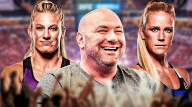 Dana White smiling in the middle. Kayla Harrison and Holly Holm on either side of him (UFC)