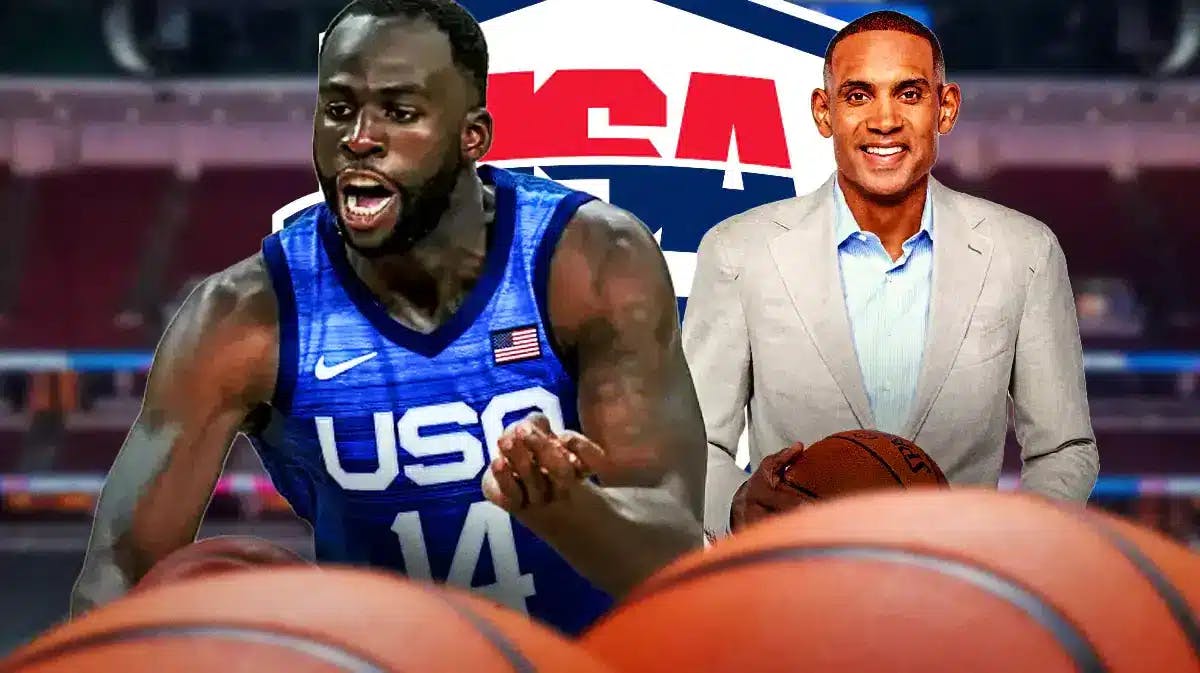 Grant Hill and Warriors' Draymond Green standing in front of Team USA Basketball logo