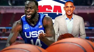 Grant Hill and Warriors' Draymond Green standing in front of Team USA Basketball logo