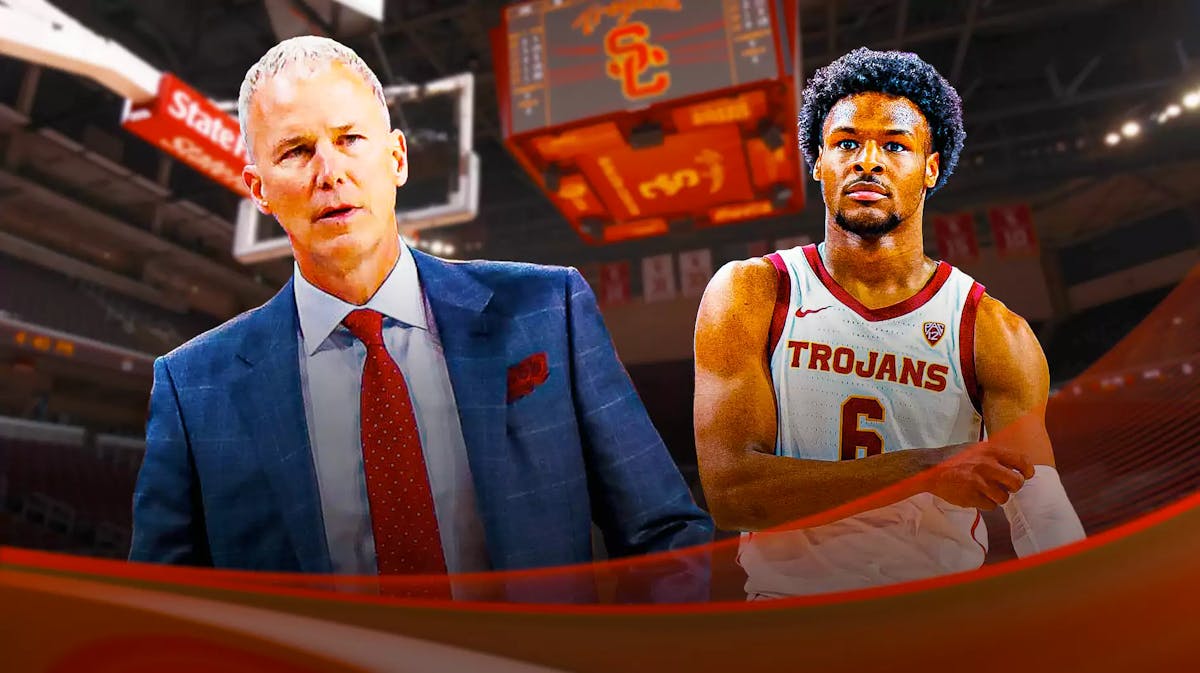 USC basketball, Trojans, Andy Enfield, Bronny James, Bronny James USC, Bronny James and Andy Enfield with USC basketball arena in the background