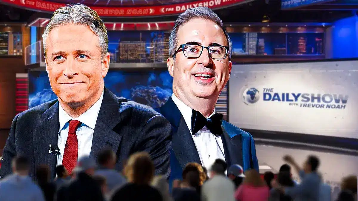 Jon Stewart and John Oliver with The Daily Show background